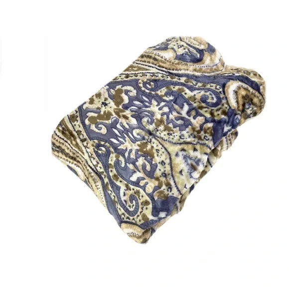 Damask Royal Medallion Blue Tan Velvet Soft Touch Throw Blanket - Picture 2 of 2